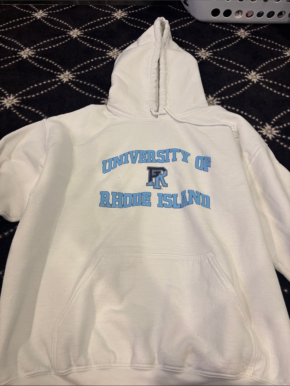 Gildan White Hoodie with Light Blue "University of Rhode Island" Print